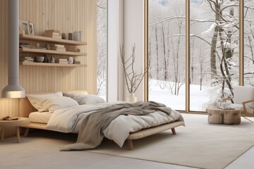 Nordic Winter Bedroom: Elegant Wooden Accents, Soft Bedding, and Panoramic Snow-Covered Forest View