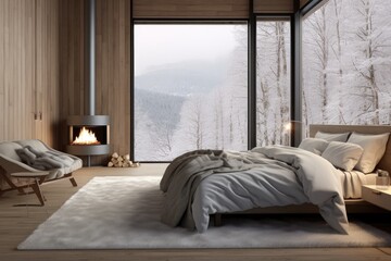 Clean Modern Bedroom with Panoramic Winter Forest View, Contemporary Stainless Steel Fireplace, and Luxurious Bedding with Neutral Color Palette - obrazy, fototapety, plakaty