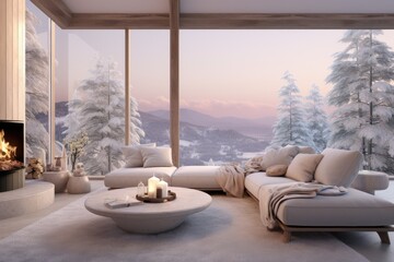 Dreamy Light Modern Living Room with Panoramic Winter Mountain Views, Soft Plush Furniture, Burning Fireplace, and Elegant Home Decor Set Amidst Snowy Pine Trees at Sunset