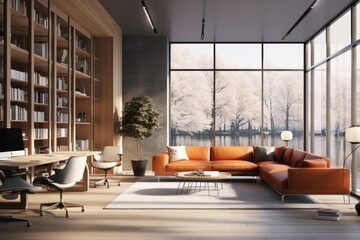 Fototapeta premium Luxury Urban Home Office Interior with Floor-To-Ceiling Windows Revealing Serene Snow-Covered Trees by A Lake, Featuring a Wooden Bookshelf, Sleek Furniture, and Ambient Lighting