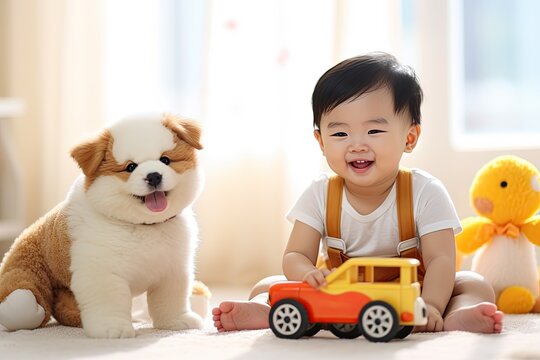 Cute asian baby boy playing with toy car and dog at home. Ai generative
