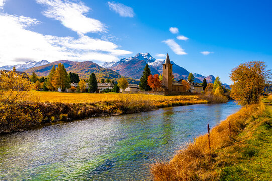 An autumn glimpse of the town of Segl, in Engadine, Switzerland.