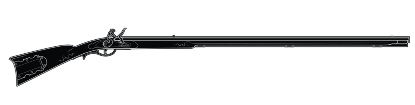 Illustration of Traditional American flintlock long rifle Kentucky. Black. Right side.