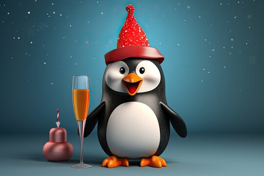 Cute Penguin holding champagne glass celebrating in christmas and new year.