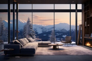 Unique Destination Mountain Retreat Living Area with Vast Windows Revealing a Mesmerizing Sunset Over Snowy Peaks, Cozy Furnishings, and Ambient Lighting