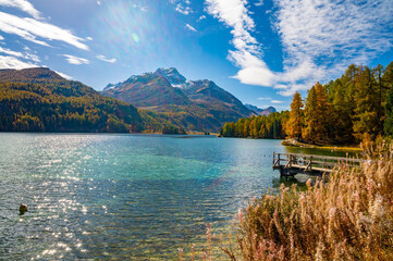Lake Sils Maria, in the Engadine, photographed in autumn, with its landscape and the mountains...