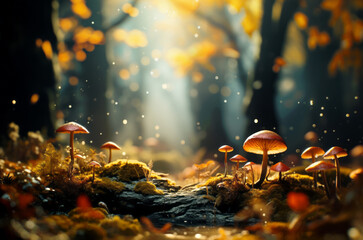Autumn seasonal background, little mushrooms growing on forest floor in wet moss and fallen leaves, under rain drops and autumnal sun - Fall season magical ambience
