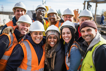 Group of male and female construction workers show unity at the construction site
