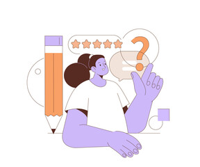 Feedback concept vector illustration. Creative woman asking question, giving five star review, sharing positive experience. Customer evaluation metaphor. FAQ service graphic.