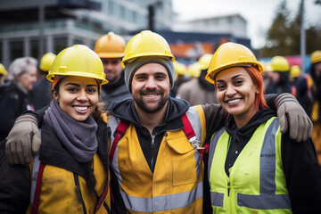 Group of male and female construction workers show unity at the construction site