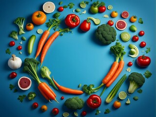 Colorful fresh vegetables On a blue background, Space for text
