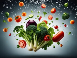 Fresh, Colorful Vegetables in Mid-Air with Vibrant Broccoli Center