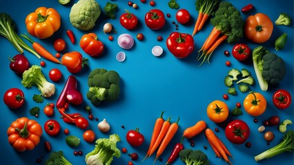 Colorful fresh vegetables On a blue background, Space for text