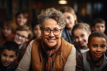 Elderly woman teacher with her students in a classroom. - obrazy, fototapety, plakaty