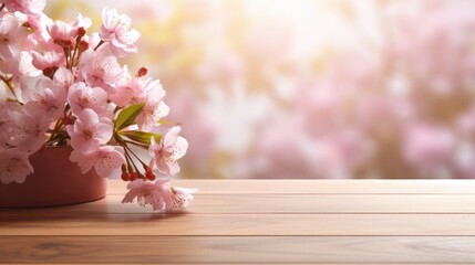 Empty Wooden surface for presentation with blurred garden and flowers background, mockup, Space for presentation product