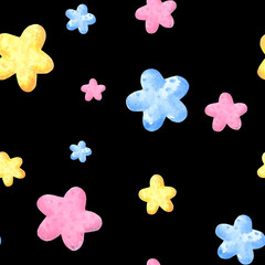 Seamless pattern of big and small cute colorful stars Watercolor hand drawn illustration for various design, decorating background, kids birthday and party, textile making, packaging, wrapping paper.