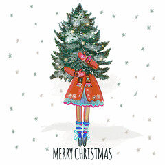 Fashion Christmas illustration girl holding xmas tree - 663933411