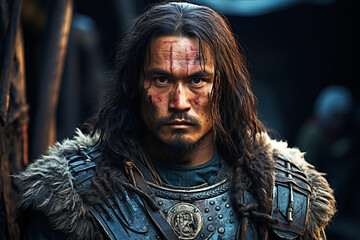 portrait of male warrior Kazakh Asian in ancient historical armor