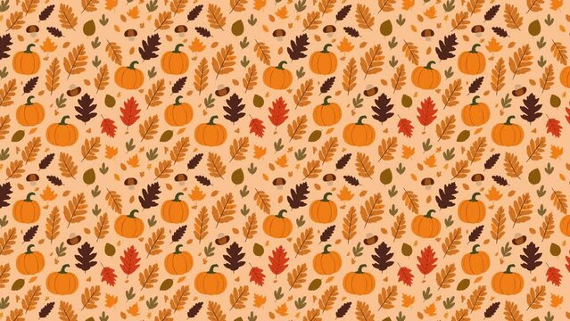 autumn leaves, pumpkin and mushrooms - animated orange fall pattern background loop