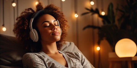 Woman practicing nighttime mindfulness, with ambient music playing softly, concept of Calmness
