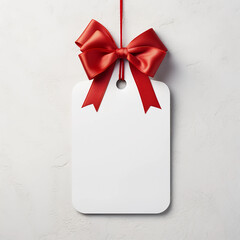 Blank white empty price tag, white note or gift card mock up with red gift ribbon bow on grey wall background with shadow, Merry Christmas and New Year decoration, Generative AI.