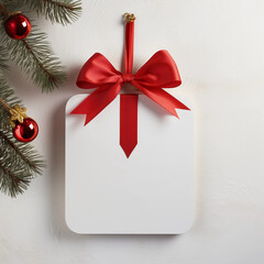 Blank white empty price tag, white note or gift card mock up with red gift ribbon bow on grey wall background with shadow, Merry Christmas and New Year decoration, Generative AI.