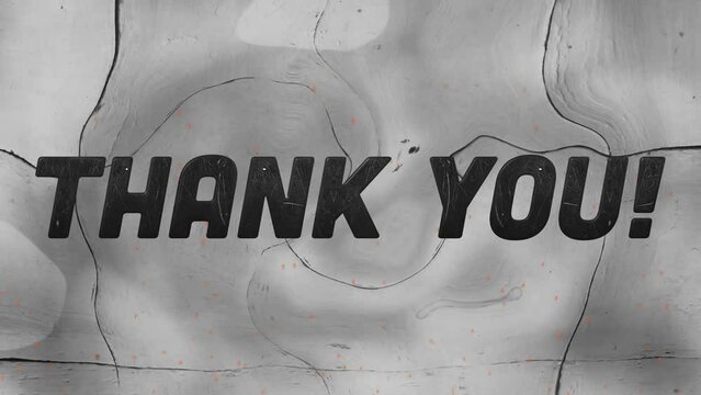 Animation of thank you text in black over grey liquid background