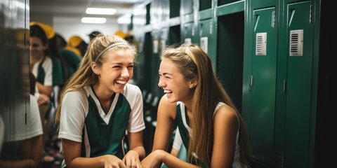Cheerful girlfriends discussing gossip in locker room of a sports club, concept of Positive camaraderie