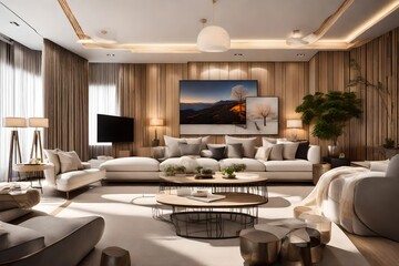 TV lounge room that radiates warmth and comfort. The central element of the room should be a modern TV placed on a wooden cabinet. 