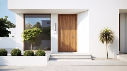 Fototapeta premium Clean entrance door by wooden with perfect matching white wall to make it homey. Generative AI Technology 