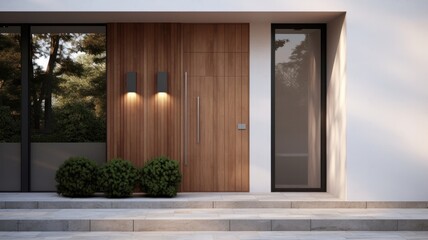 Clean entrance door by wooden with perfect matching white wall to make it homey. Generative AI Technology 