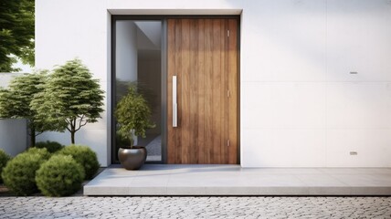 Clean entrance door by wooden with perfect matching white wall to make it homey. Generative AI Technology  - obrazy, fototapety, plakaty