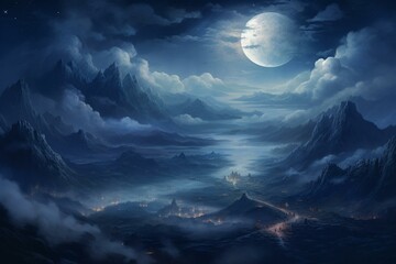 Aesthetic surrealistic artwork of a serene moonlit mountainscape in the boho style. Generative AI - obrazy, fototapety, plakaty