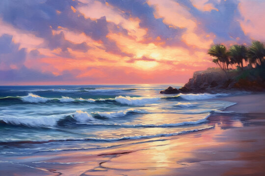Last Light on the Shore: A Tranquil Beachscape in Oil Painting