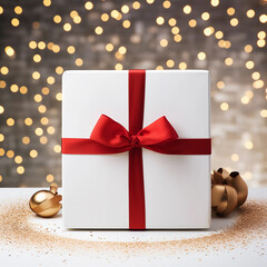 Obraz na płótnie Canvas Blank white empty gift box, white note or gift card mock up with red gift ribbon bow on grey wall background with shadow, Merry Christmas and New Year decoration, Generative AI.