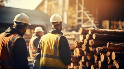 Workers in a lumber mill on an autumn afternoon - obrazy, fototapety, plakaty