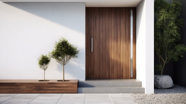 Clean entrance door by wooden with perfect matching white wall to make it homey. Generative AI Technology 