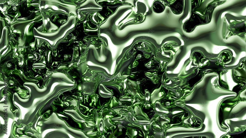 Poster Abstract liquid background in green color with metallic textured