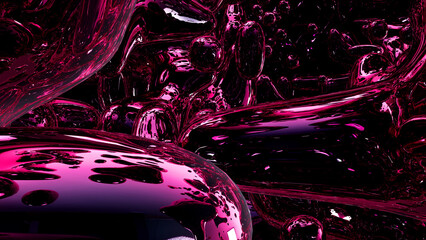 Abstract liquid background in dark pink color with metallic textured