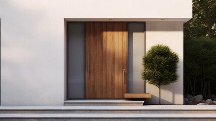 Clean entrance door by wooden with perfect matching white wall to make it homey. Generative AI Technology 