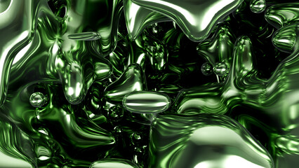 Abstract liquid background in green color with metallic textured