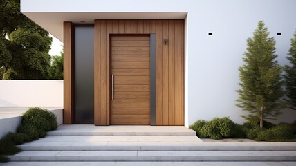Clean entrance door by wooden with perfect matching white wall to make it homey. Generative AI Technology 