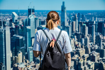 Fototapeta na wymiar The girl stands facing away on the observation deck of a skyscraper in New York, admiring the view of the city skyline