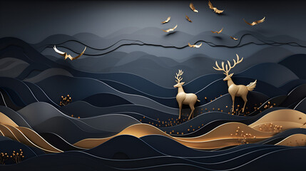 Enchanted Night in the Wilderness with golden dears  - obrazy, fototapety, plakaty