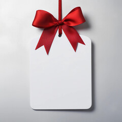 Blank white empty price tag, white note or gift card mock up with red gift ribbon bow on grey wall background with shadow, Merry Christmas and New Year decoration, Generative AI.
