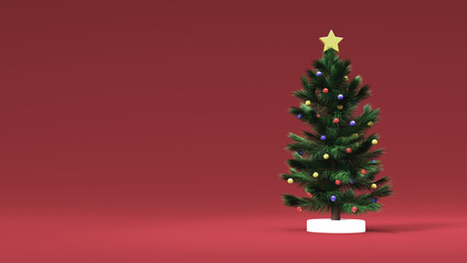Merry christmas background. Christmas tree on red background with copy space