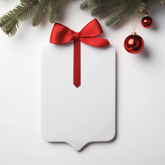 Blank white empty price tag, white note or gift card mock up with red gift ribbon bow on grey wall background with shadow, Merry Christmas and New Year decoration, Generative AI.