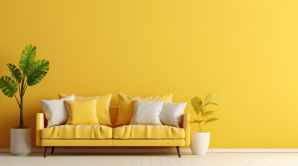 Bright yellow wall with room for text, paired with a comfy beige sofa. A modern living room setting - obrazy, fototapety, plakaty