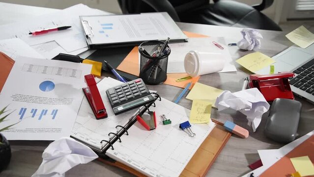 Messy and cluttered desk