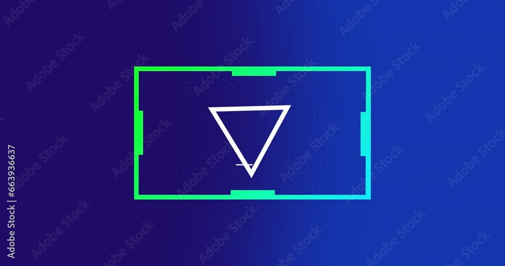 Poster animation of white line triangle changing shape over blue capsule shapes on blue